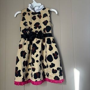 Harajuku Mini—Leopard Print Girls' Dress with Black Bow and Pink Trim. Size XS